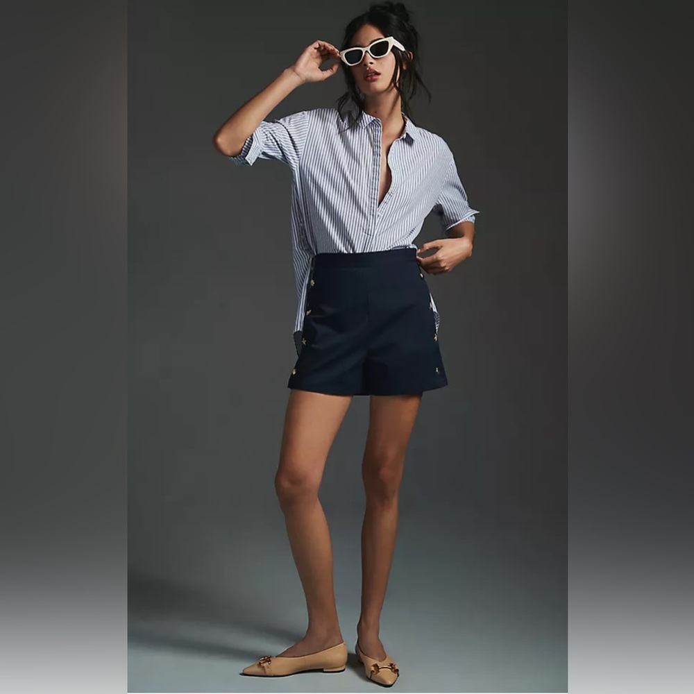 Anthropologie Corey Lynn Calter Side Button Nautical Shorts Navy High Waist Sz 0